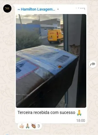 Print de WhatsApp: aluno avisando que a terceira caixa chegou com sucesso
